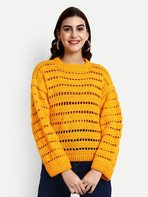 women round neck mustard long sleeve pullover - 21688489 - Standard Image - 0