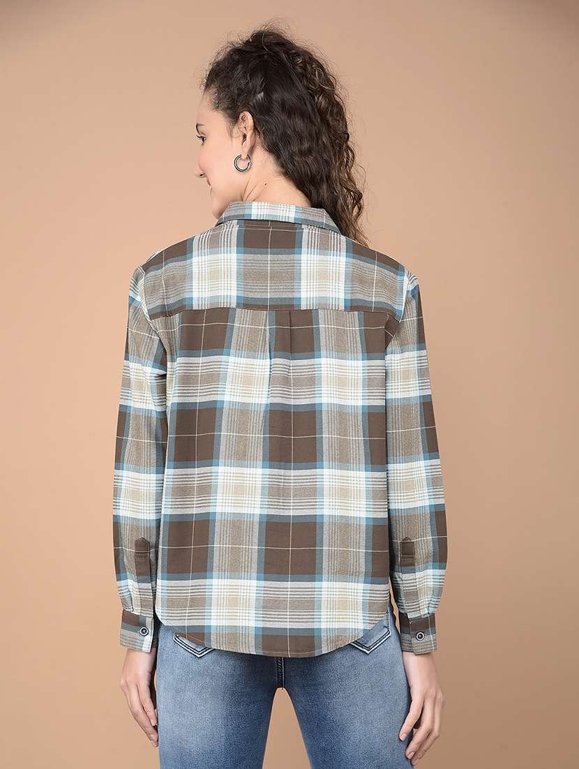 women checkered collared high low shirt - 21688701 - Standard Image - 2