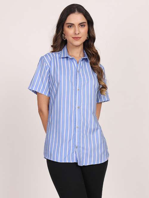 women striped short sleeve casual shirt - 21688704 - Standard Image - 0