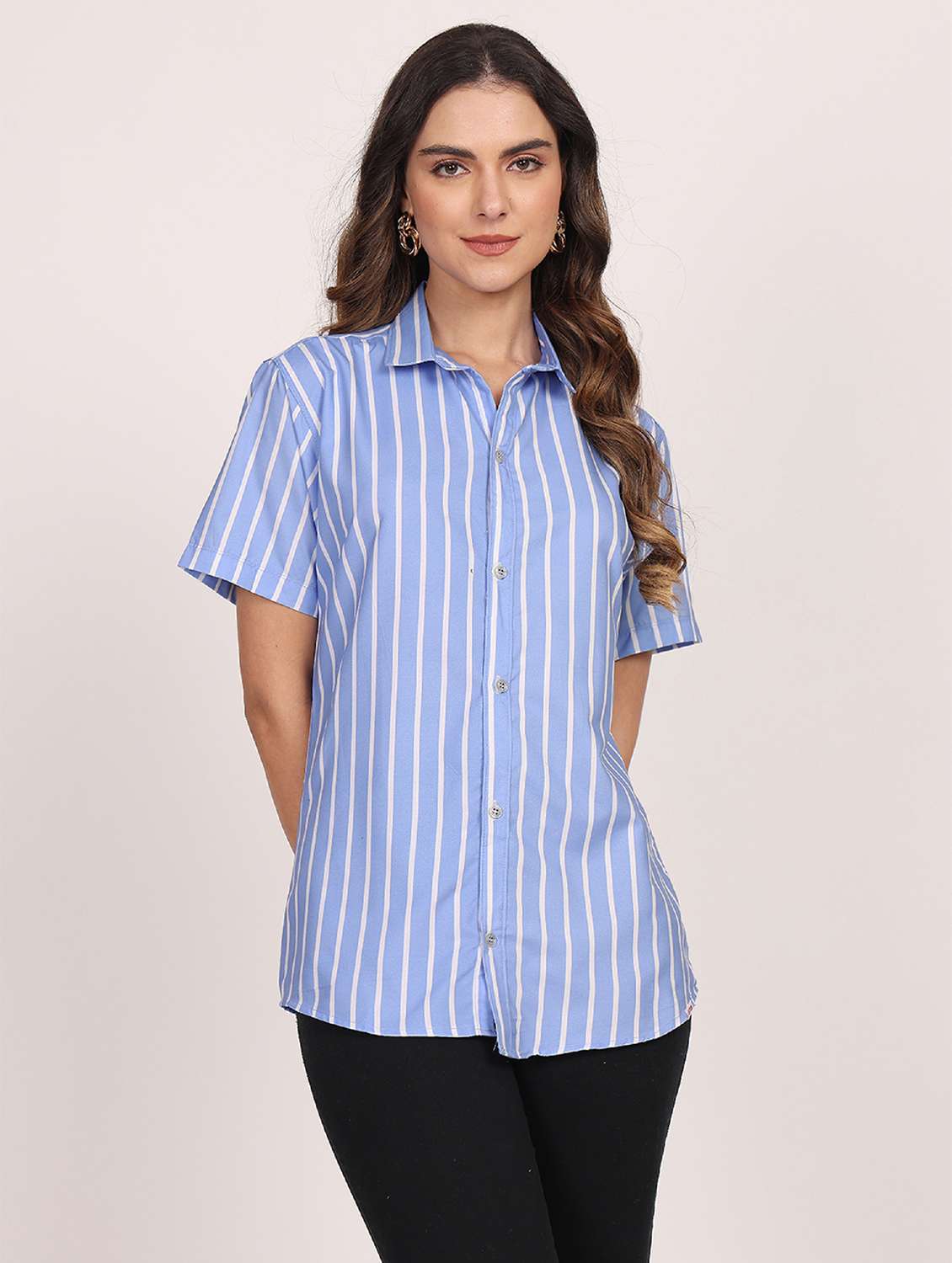 women striped short sleeve casual shirt - 21688704 - Zoom Image - 0