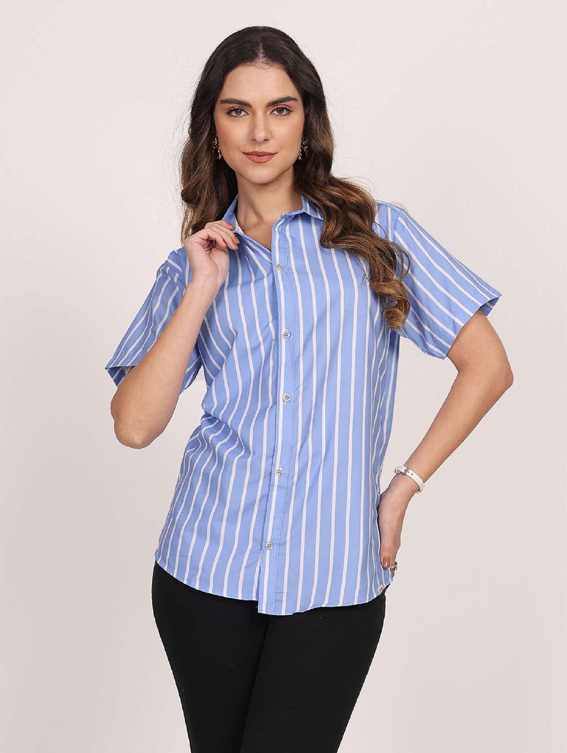 women striped short sleeve casual shirt - 21688704 - Standard Image - 2