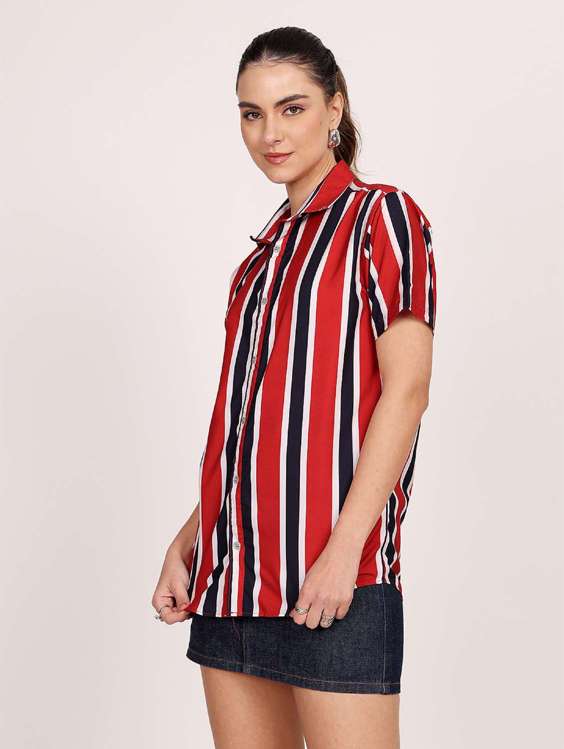 women striped short sleeve casual shirt - 21688706 - Standard Image - 2