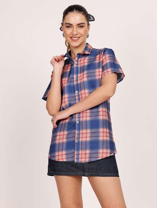 women checkered short sleeve casual shirt - 21688708 -  Standard Image - 0