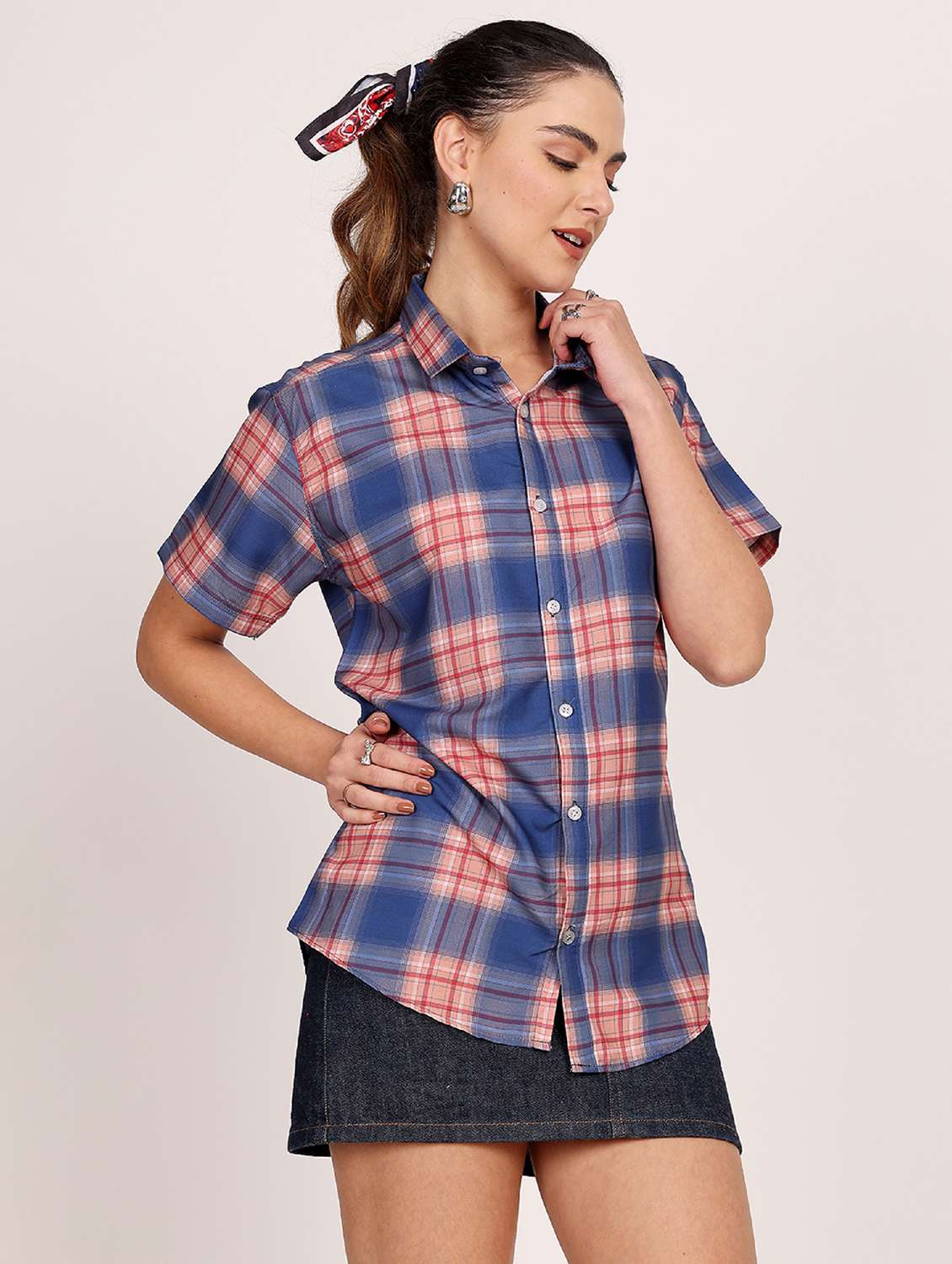 women checkered short sleeve casual shirt - 21688708 - Standard Image - 2