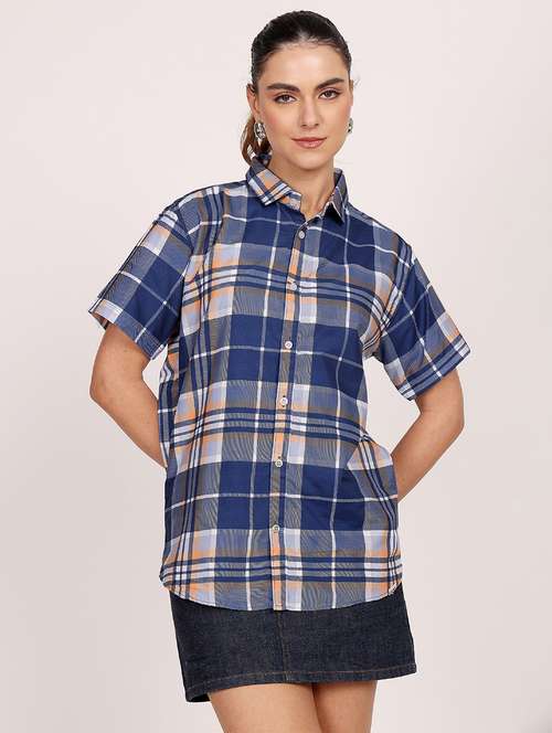 women checkered short sleeve casual shirt - 21688714 - Standard Image - 0