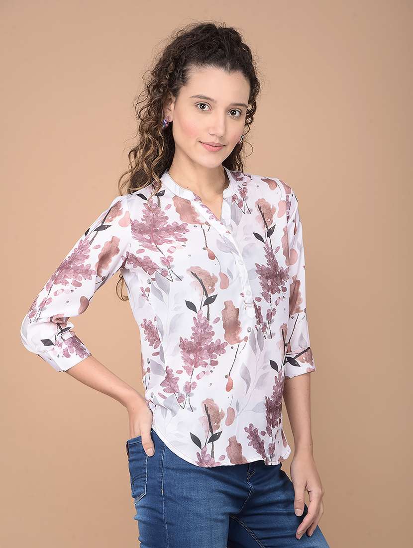women printed mandarin neck regular top