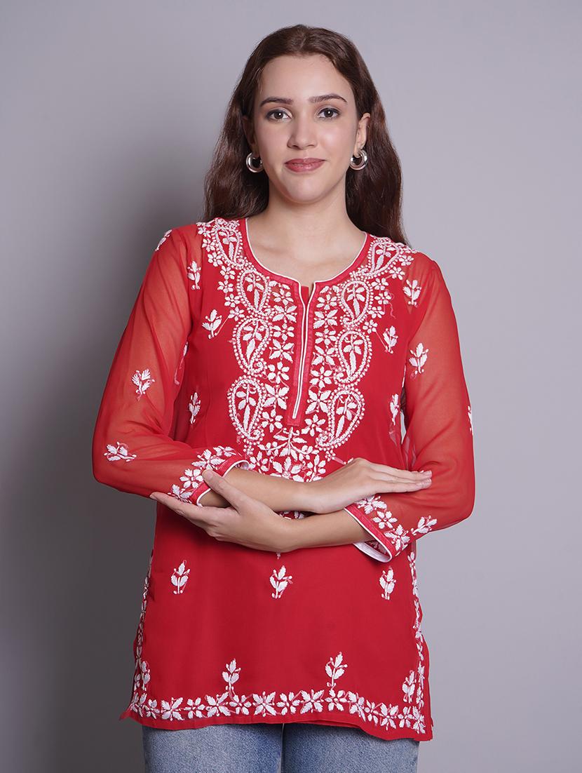 women three quarter sleeve straight chikankari kurti - 21688771 -  Zoom Image - 0