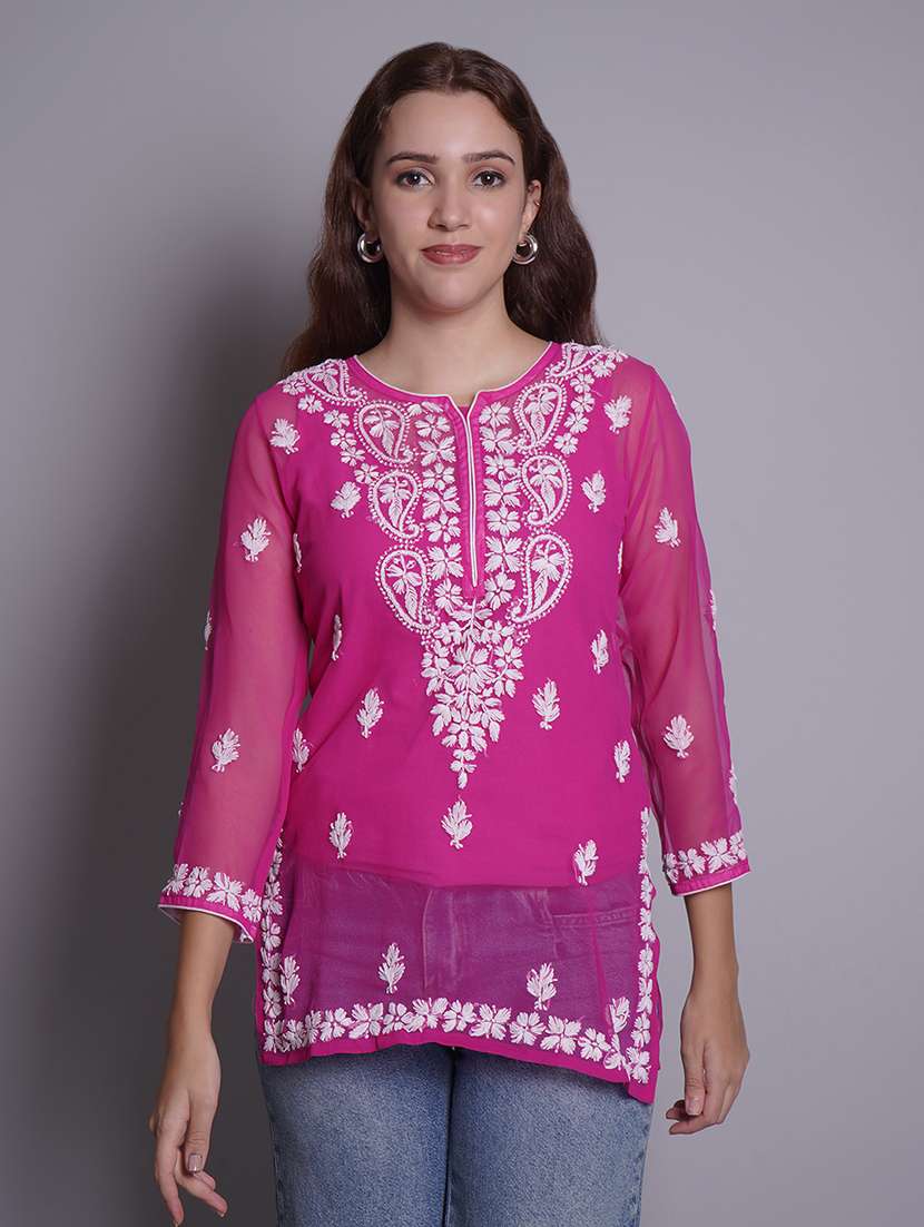 women three quarter sleeve straight chikankari kurti