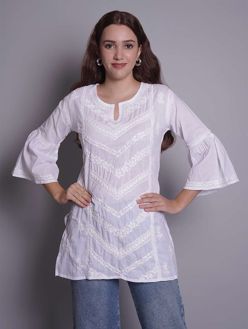 women bell sleeve straight chikankari kurti