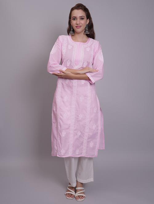 women three quarter sleeve straight chikankari kurta - 21688778 - Standard Image - 0