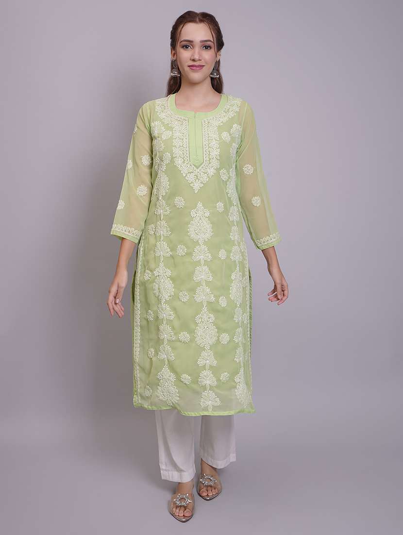 women three quarter sleeve straight chikankari kurta