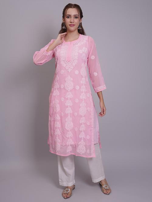 women three quarter sleeve straight chikankari kurta - 21688781 -  Standard Image - 0