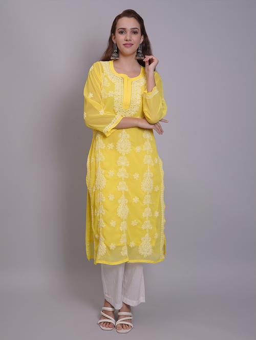 women three quarter sleeve straight chikankari kurta - 21688782 -  Standard Image - 0