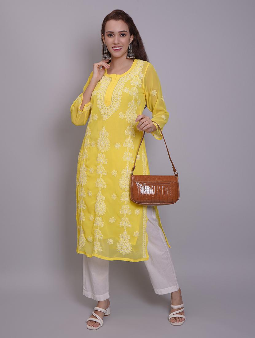 women three quarter sleeve straight chikankari kurta - 21688782 - Standard Image - 2