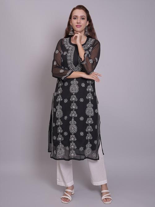 women three quarter sleeve straight chikankari kurta - 21688783 - Standard Image - 0