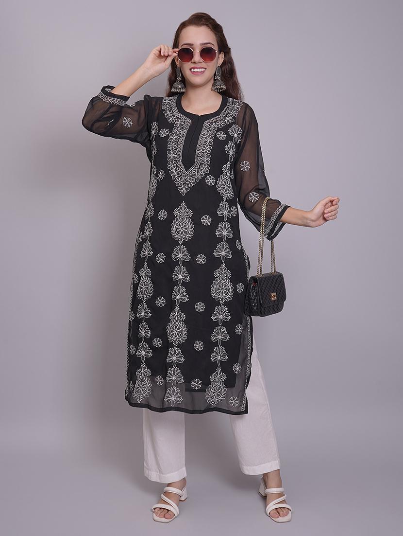 women three quarter sleeve straight chikankari kurta - 21688783 - Standard Image - 2
