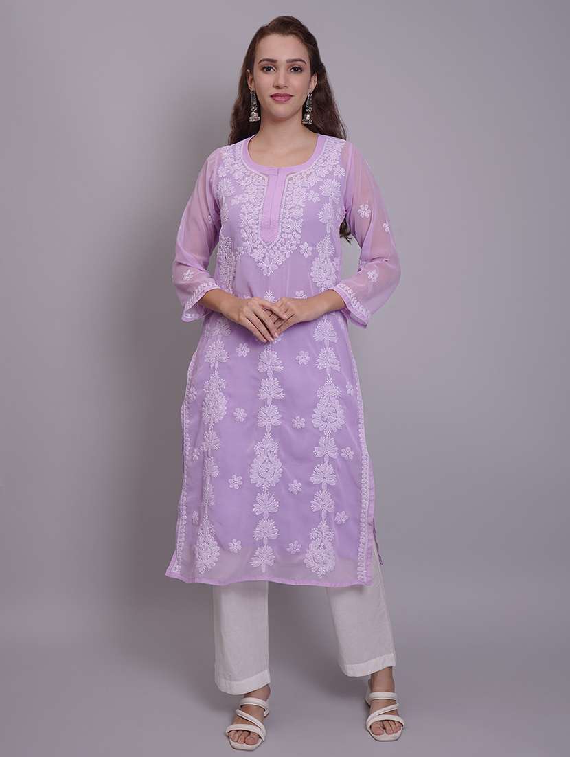 women three quarter sleeve straight chikankari kurta