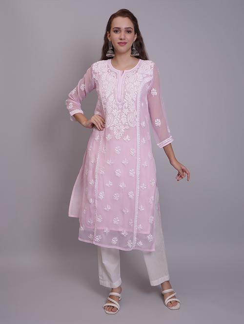 women three quarter sleeve straight chikankari kurta - 21688785 - Standard Image - 0