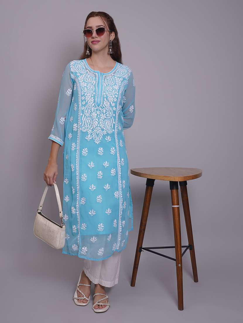 women three quarter sleeve straight chikankari kurta - 21688786 -  Standard Image - 2