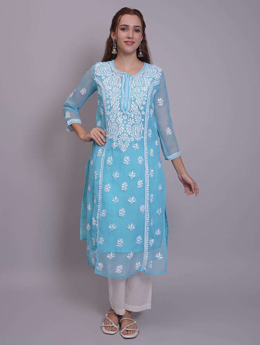 women three quarter sleeve straight chikankari kurta - 21688786 -  Standard Image - 2