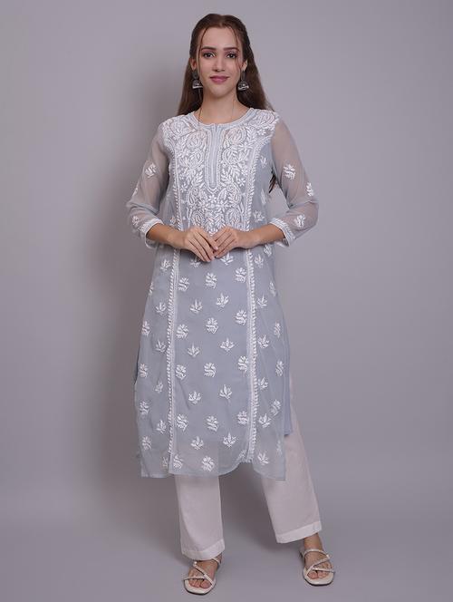 women three quarter sleeve straight chikankari kurta - 21688788 -  Standard Image - 0