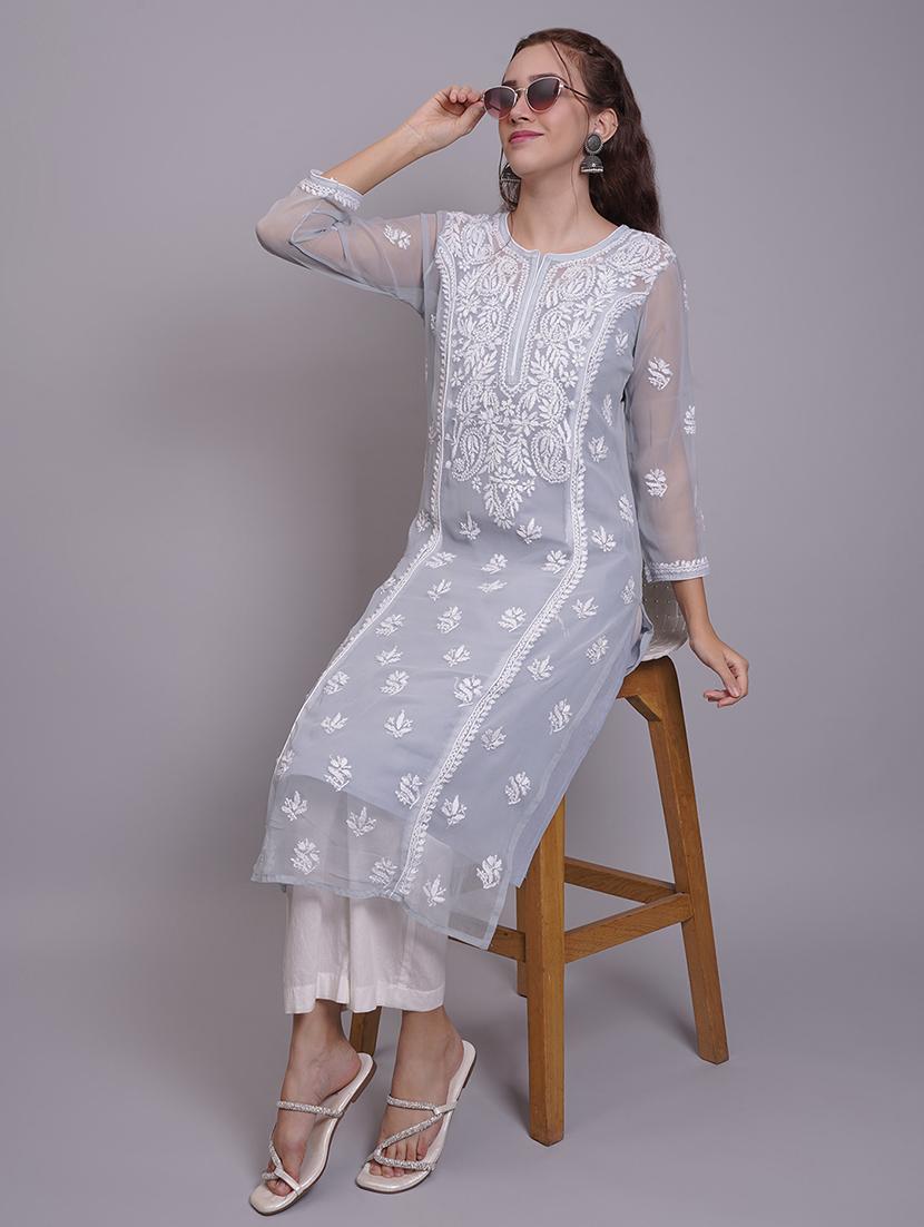 women three quarter sleeve straight chikankari kurta - 21688788 - Standard Image - 2