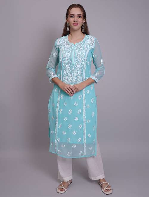 women three quarter sleeve straight chikankari kurta - 21688789 - Standard Image - 0