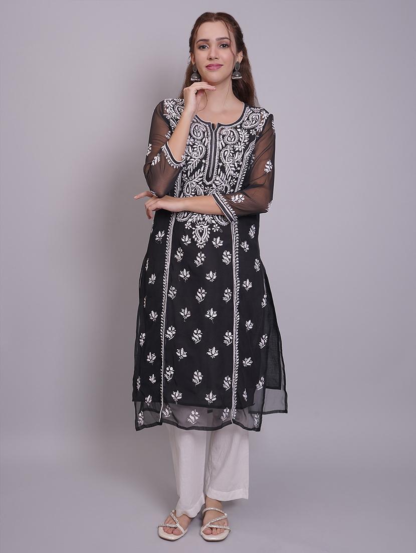 women three quarter sleeve straight chikankari kurta - 21688790 - Zoom Image - 0