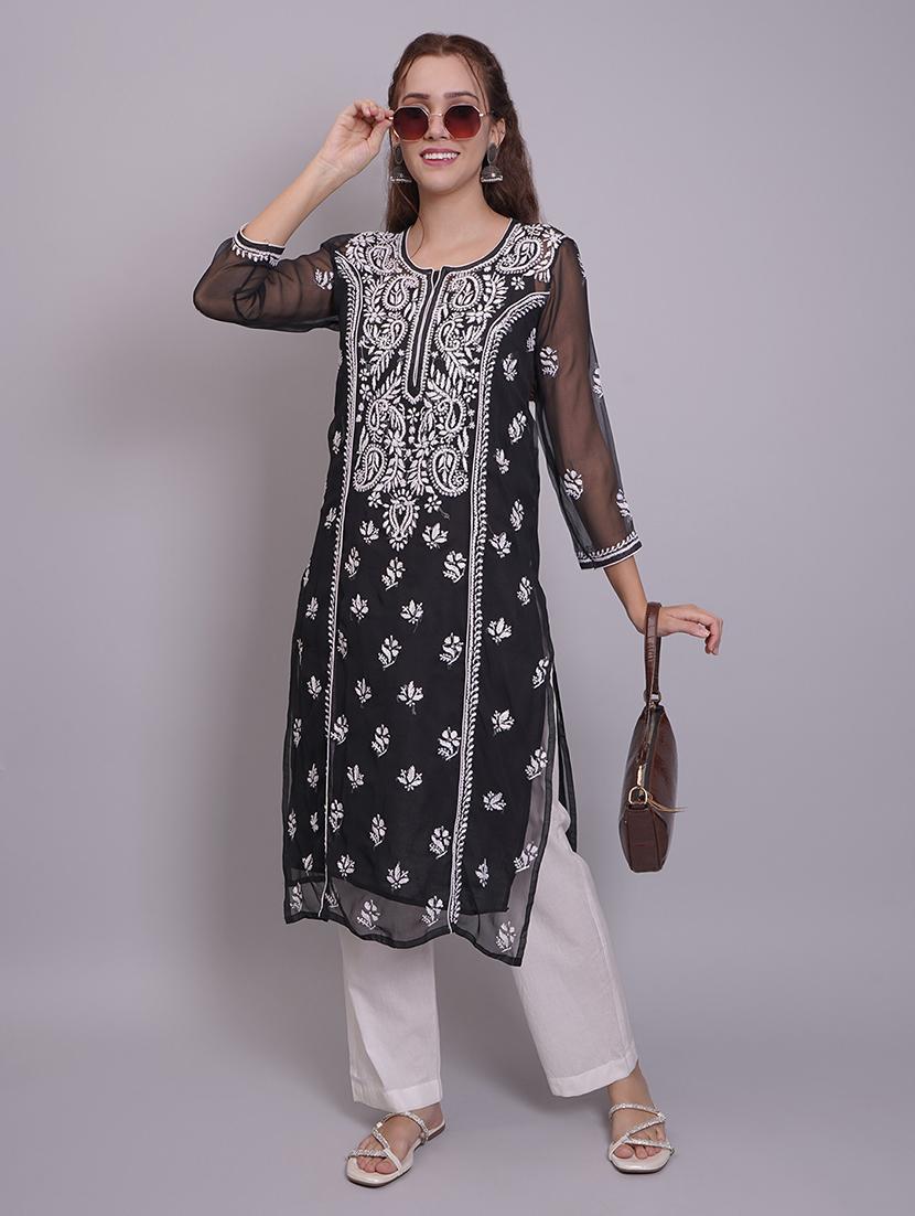 women three quarter sleeve straight chikankari kurta - 21688790 - Standard Image - 2