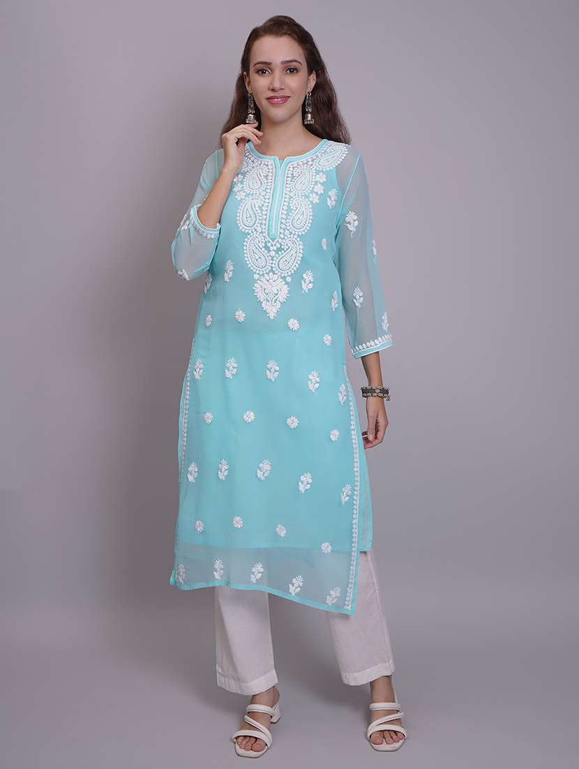 women three quarter sleeve straight chikankari kurta