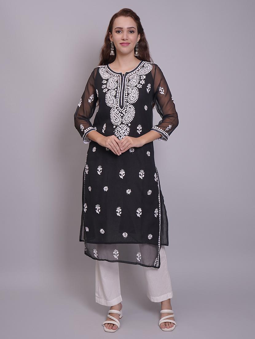 women three quarter sleeve straight chikankari kurta - 21688792 -  Zoom Image - 0