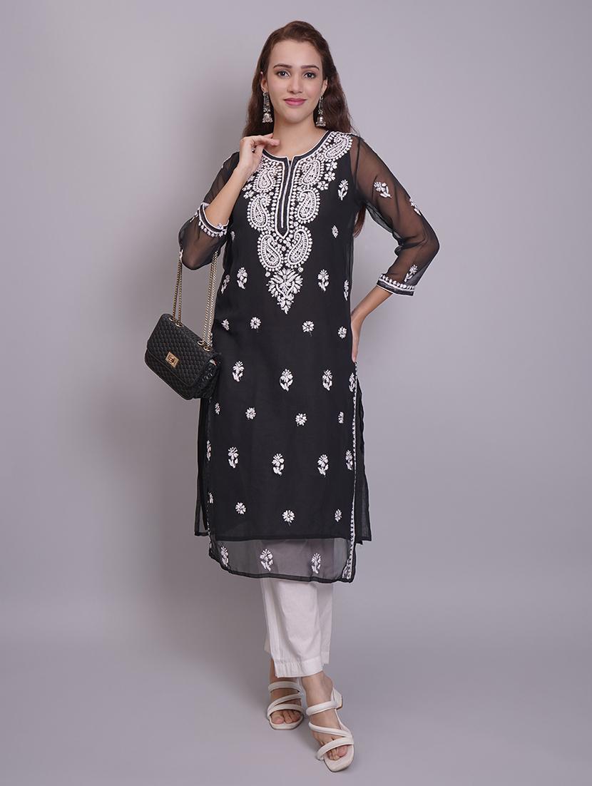 women three quarter sleeve straight chikankari kurta - 21688792 - Standard Image - 2