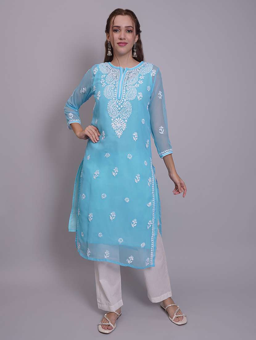women three quarter sleeve straight chikankari kurta