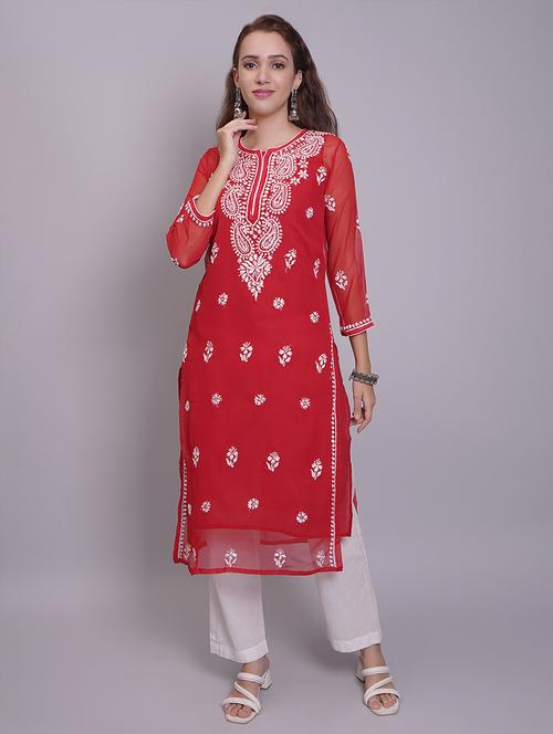 women three quarter sleeve straight chikankari kurta - 21688795 -  Standard Image - 0