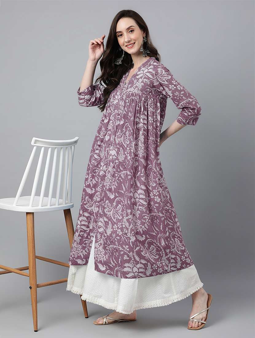 women floral three quarter sleeve flared kurta