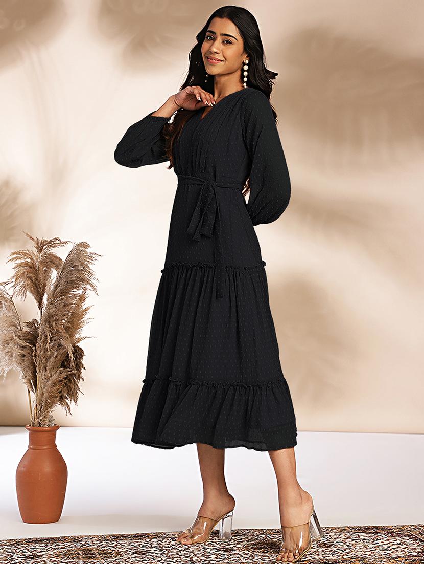 women black solid v neck tiered dress - 21688837 - Standard Image - 2