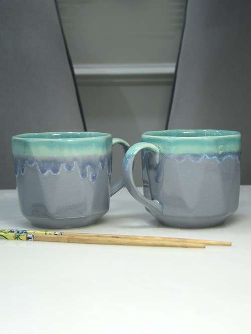 ekaura ceramic soup maggie and noodle cup, 500ml, 2 pieces, blue & grey ceramic maggie, noodles, pasta stylish mug set of 2