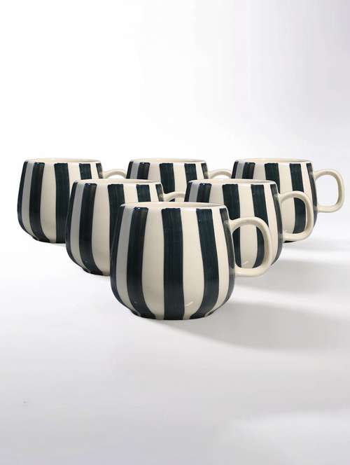 ekaura tea cup set, hand printed, traditional indian style, set of 6 (dark green and white stripes)