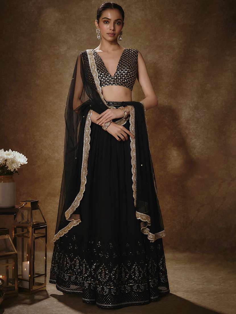 women black embroidered semi-stitched flared lehnga
