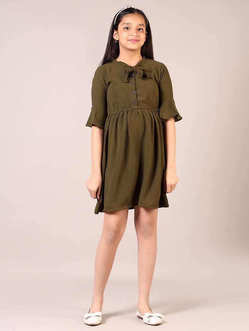 girls olive solid tie up neck fit & flare dress - 21689443 -  Standard Image - 2