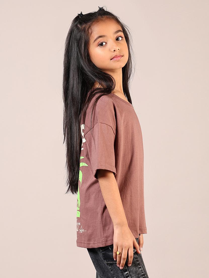girls brown printed round neck tee - 21689517 - Standard Image - 2