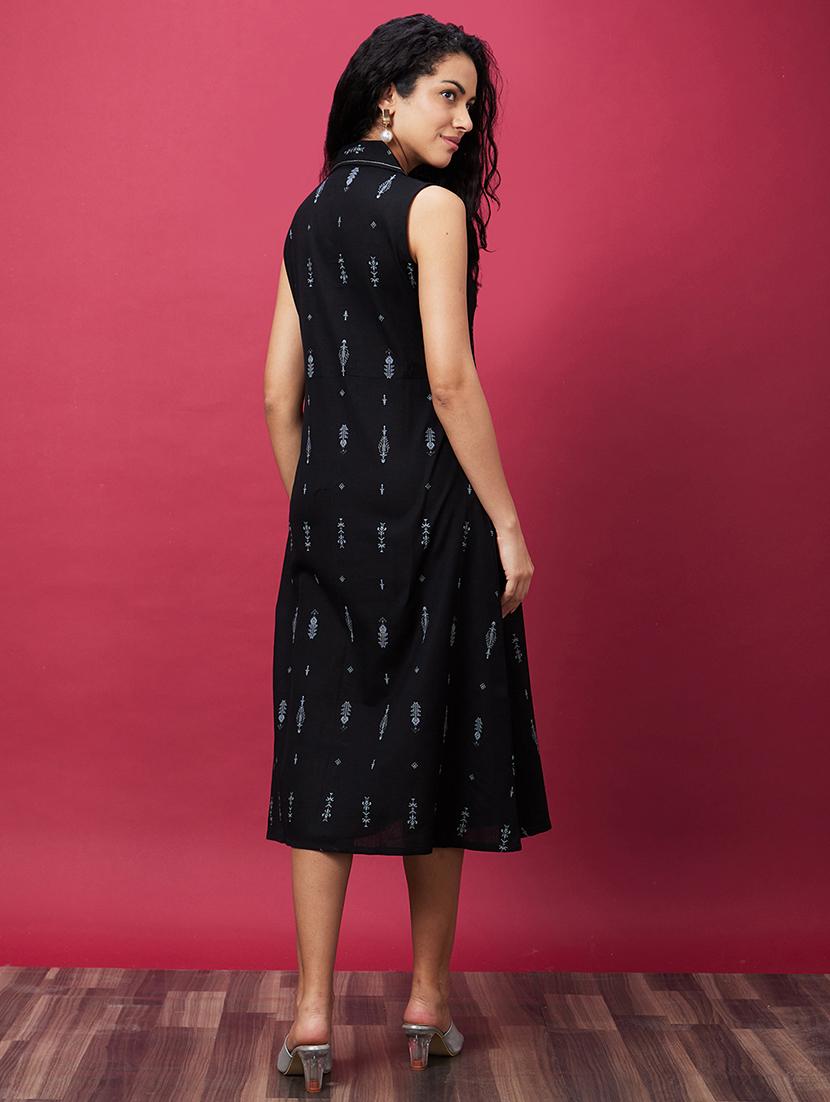 globus women black ethic motif printed cuban collar a-line midi dress - 21689574 - Standard Image - 2