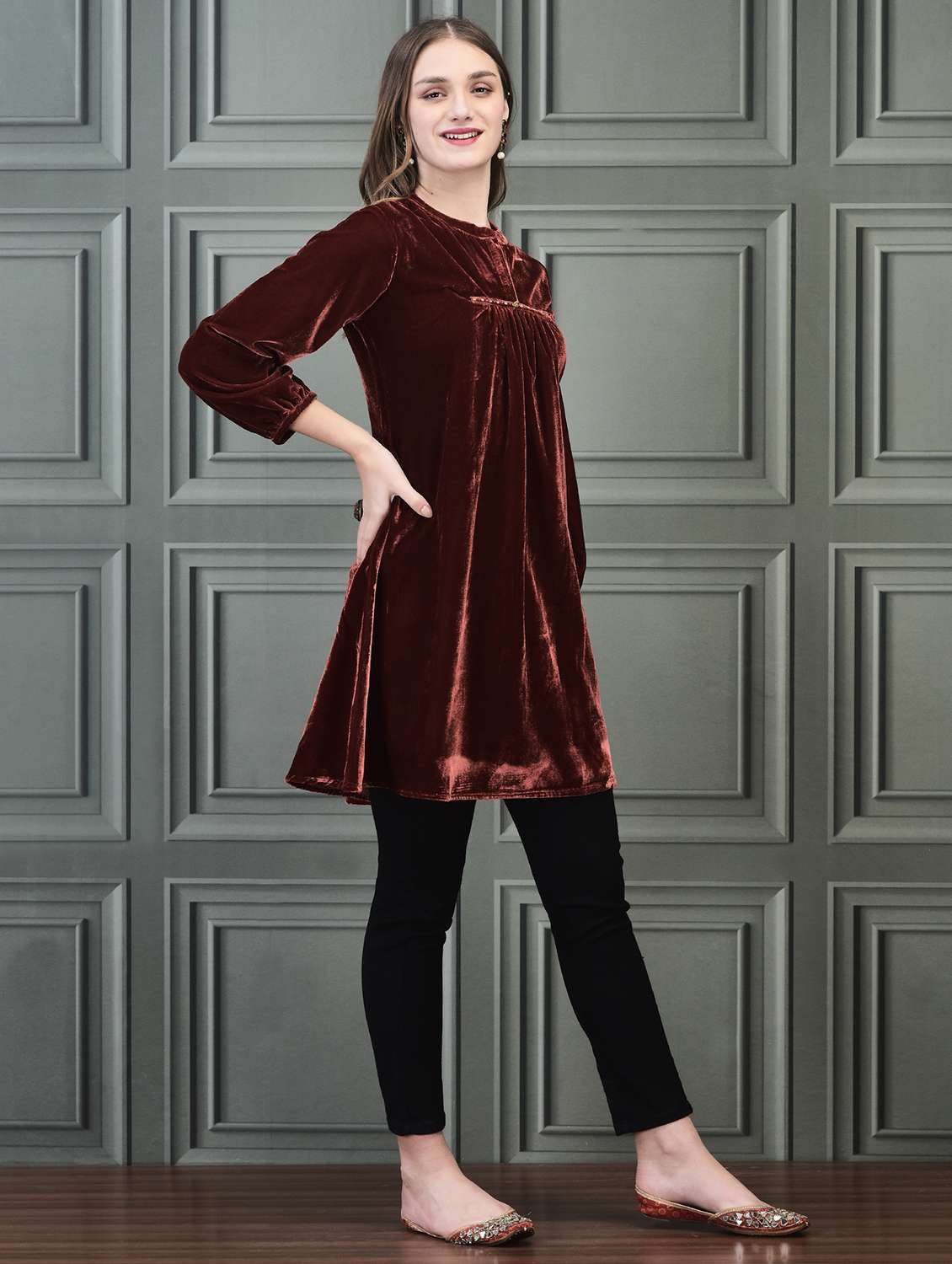 women solid long sleeve a-line tunic - 21689618 -  Standard Image - 2