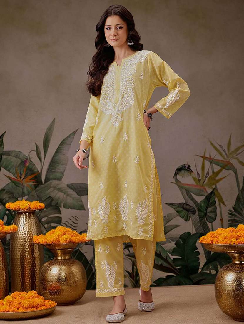 women solid with work notch neck kurta set - 21689692 -  Standard Image - 2