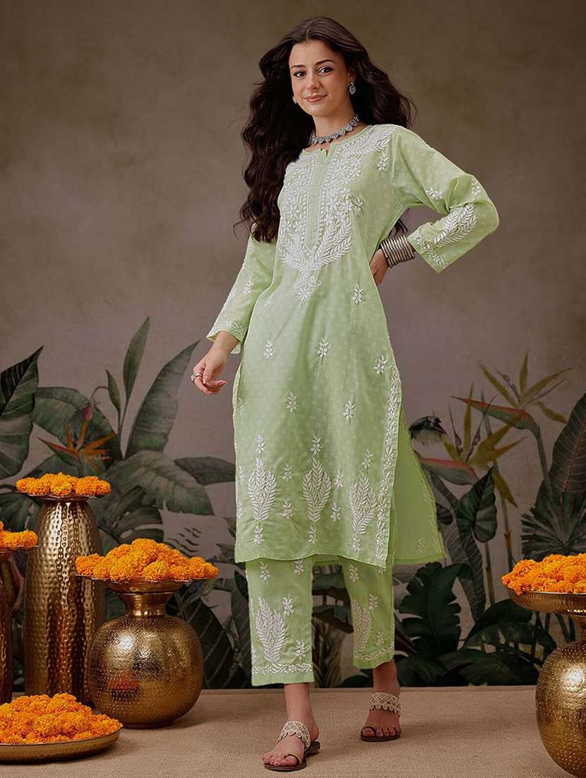 women solid with work notch neck kurta set - 21689693 -  Standard Image - 2