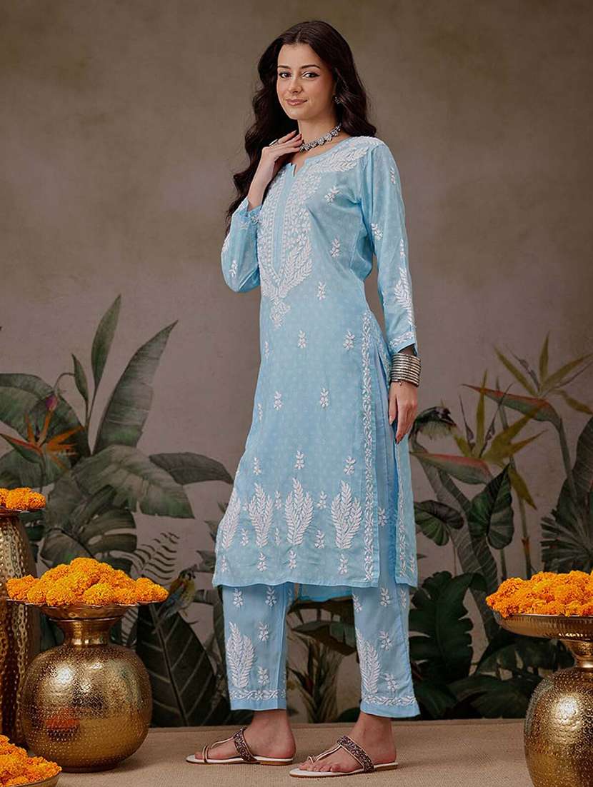 women solid with work notch neck kurta set - 21689696 -  Standard Image - 2