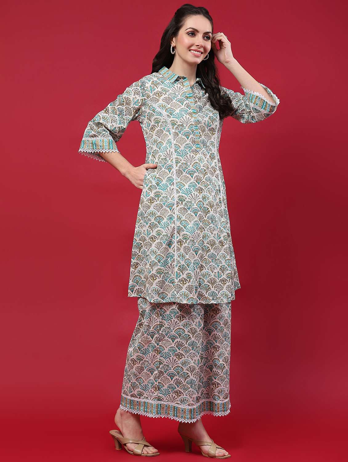 women three quarter sleeve ethnic co-ord set - 21689698 - Standard Image - 2