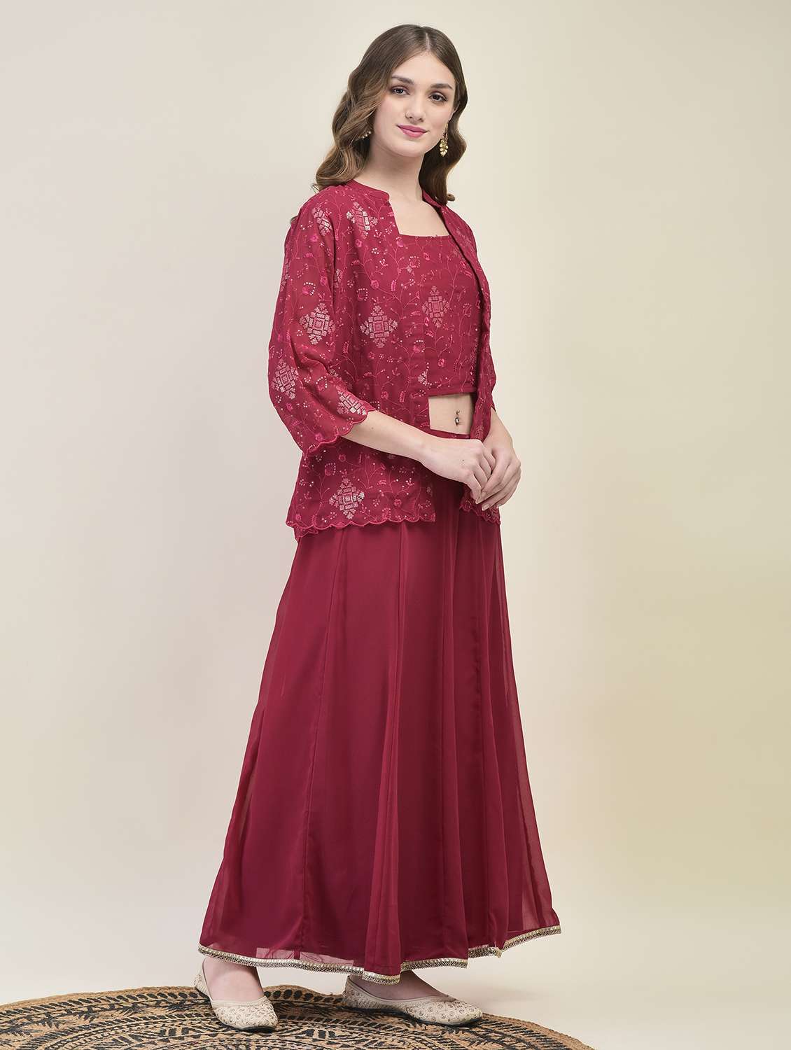 women magenta three quarter sleeve fusion set - 21689733 -  Standard Image - 2