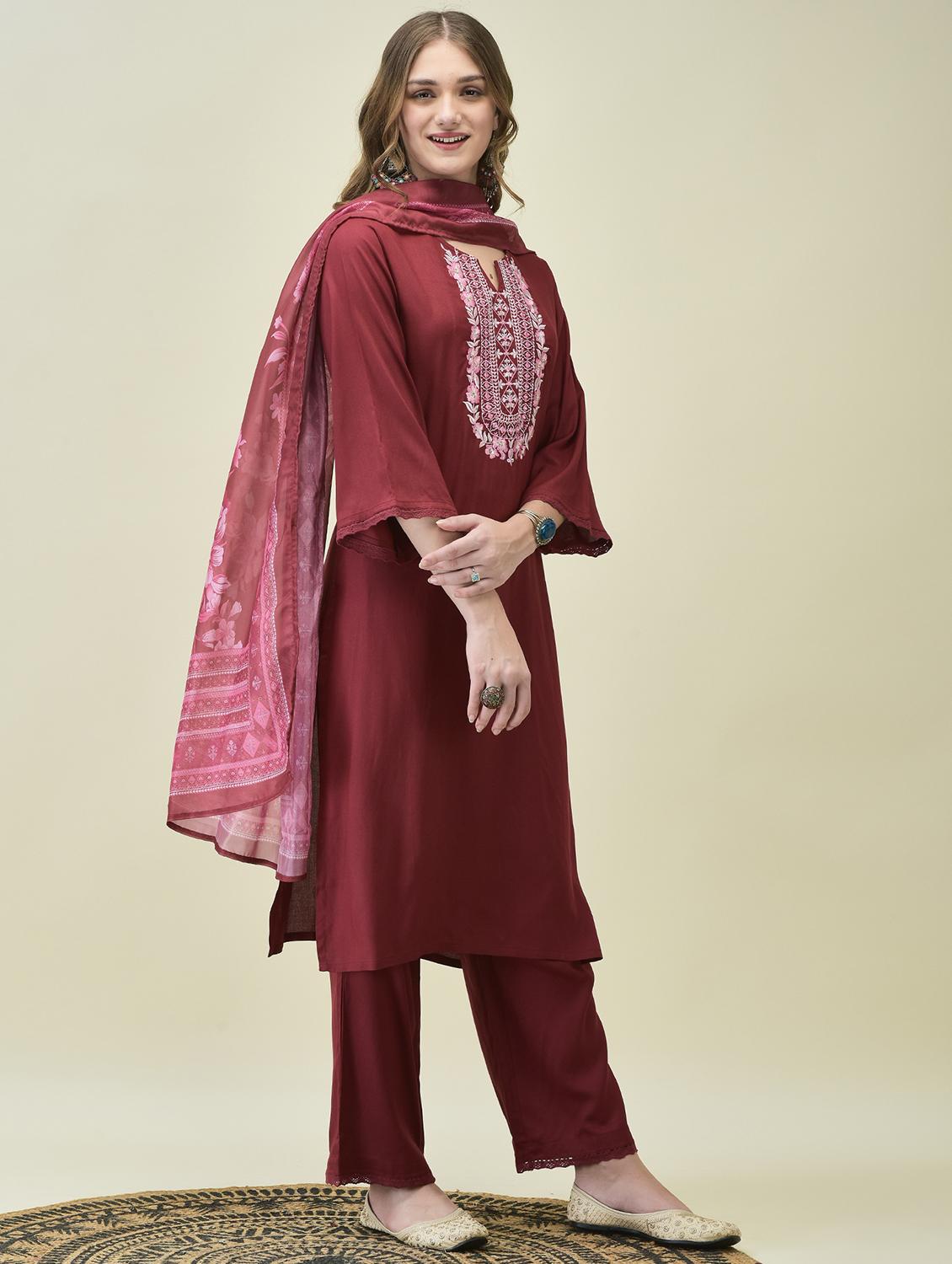 women embroidered three quarter sleeve kurta comfort pant dupatta - 21689743 - Standard Image - 2