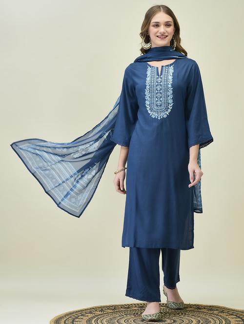 women embroidered three quarter sleeve kurta comfort pant dupatta - 21689744 - Standard Image - 0